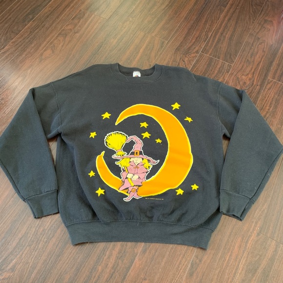 Vintage 90s Halloween Witch Black Sweatshirt Broom - Picture 4 of 5